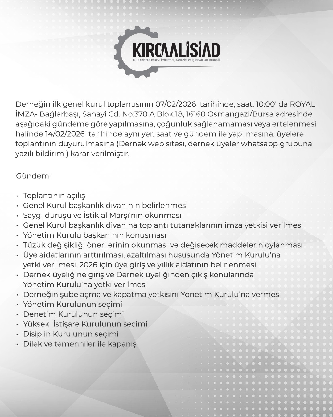 1. Genel Kurul duyurusu