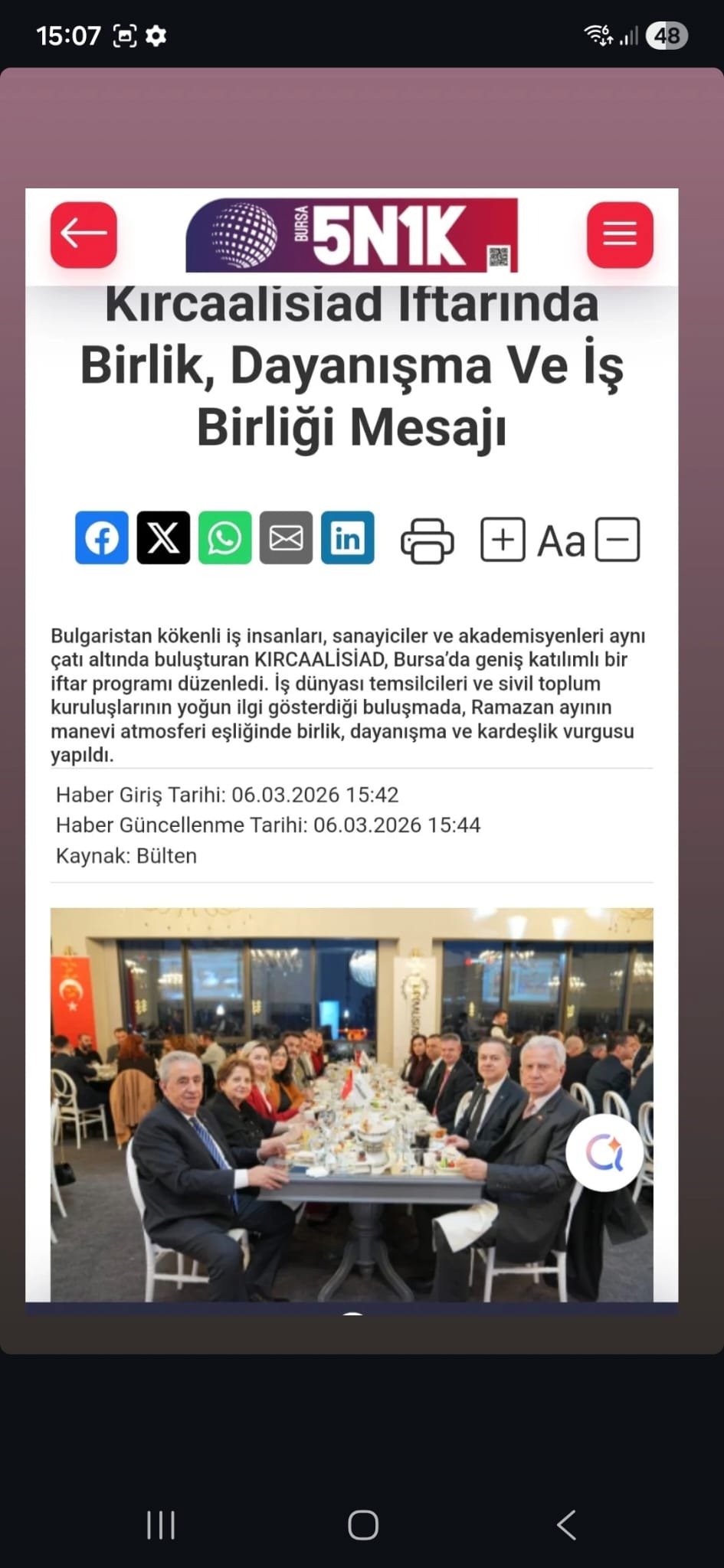 5N1K-Kırcaalisiad iftarında birlik , dayanışma ve işbirliği mesajı