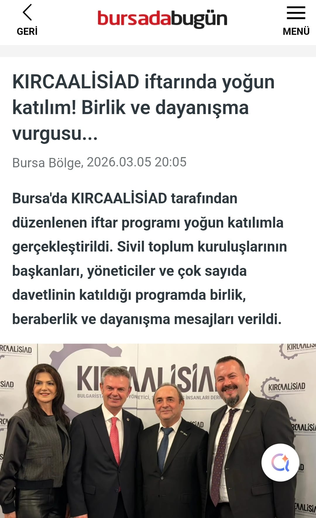 Bursada Bugün- Kırcaalisiad iftarında yoğun katılım ! Birlik ve dayanışma vurgusu