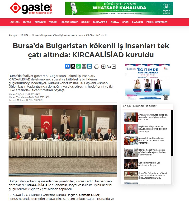 OGASTE.COM-Bursa’da Bulgaristan kökenli iş insanları tek çatı altında: KIRCAALİSİAD kuruldu